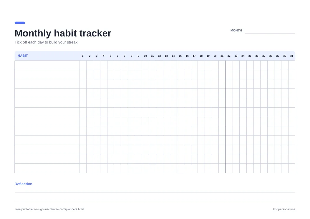 Monthly habit tracker printable planner preview